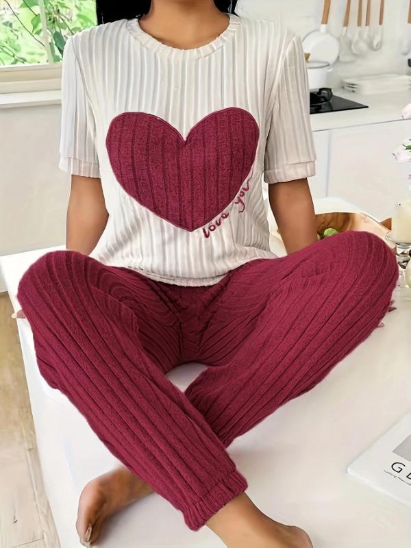 "Women's Autumn Sweet Love Pajama Set: Round Neck, Short Sleeve & Trousers - Comfy 2-Piece Homewear"