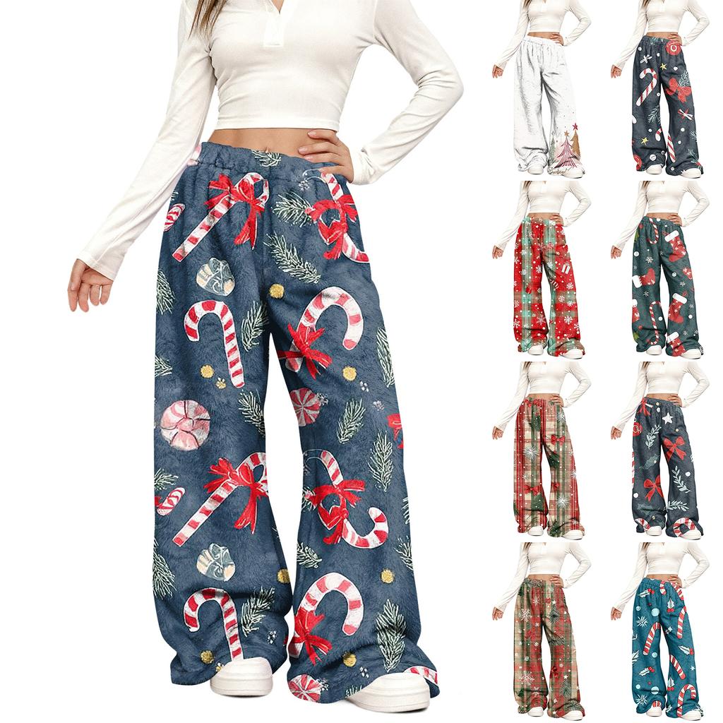 Women's Casual Fashion Christmas Print Elastic Waist Loose Plush Wide Leg Pants