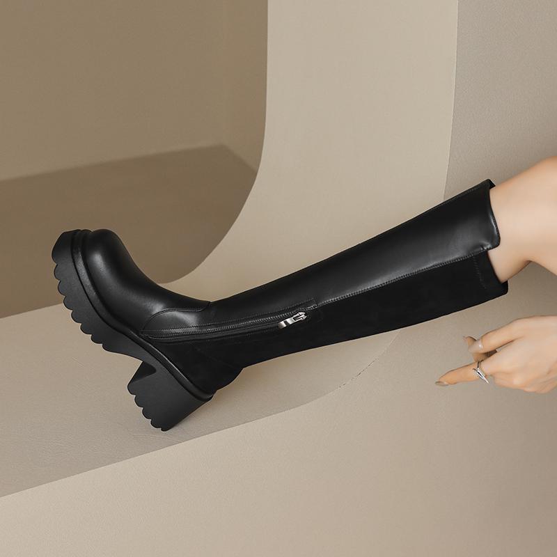 Krazing Pot Microfiber Autumn Winter Shoes Patch Work Platform Boots Round Toe Keep Warm Thick Bottom Thigh High Boots