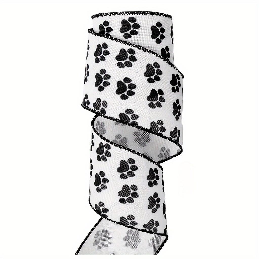 Highquality Satin White Ribbon Adorned With Black Paw Prints Ideal For Creative Crafts Petthemed