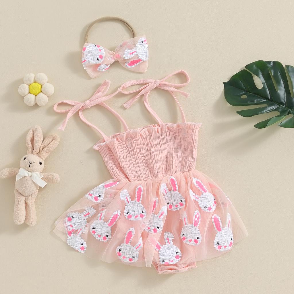 Baby Girls Rompers Dress Easter Clothes Rabbit Print Mesh Tulle Layered Skirt Hem Toddler Bodysuits Jumpsuits with Headband