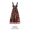 Spring 2025 Women's European & American Style Spaghetti Strap Dress with Print & Drawstring Design
