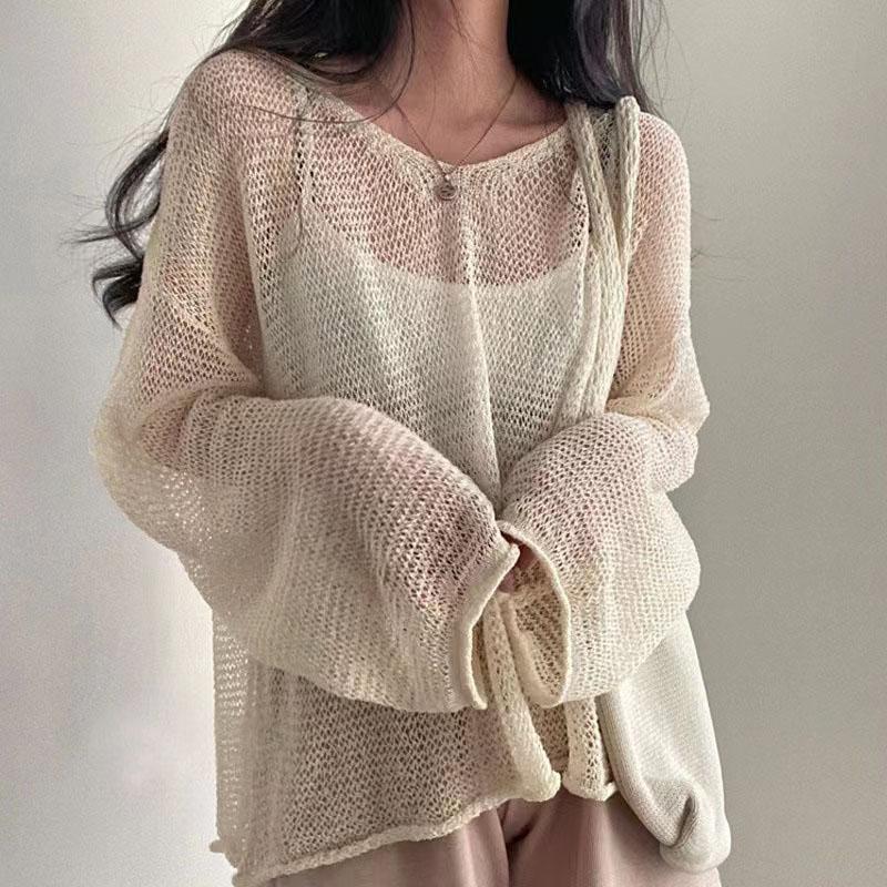 Long Sleeves Hollow Out Sweater Irregular Thin Design Women's Sun Protection Knitted Top V Neck Long Sleeves Loose and Lazy