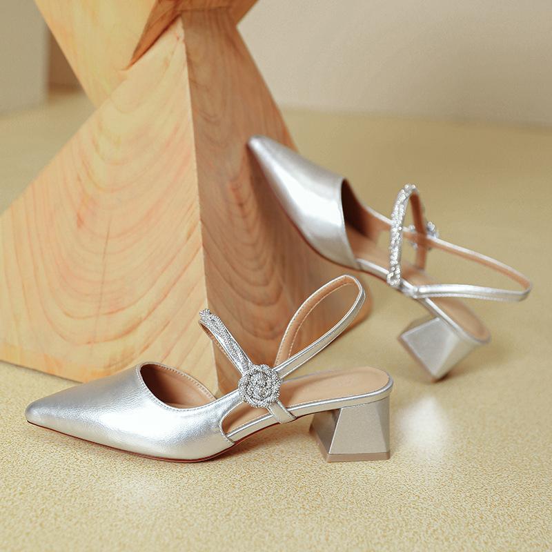 Elegant Medium Heel Women's Shoes 2025 Summer Chunky Heels Pointed End Sandals Flowers Elegant Mary Jane High Heels High Quality
