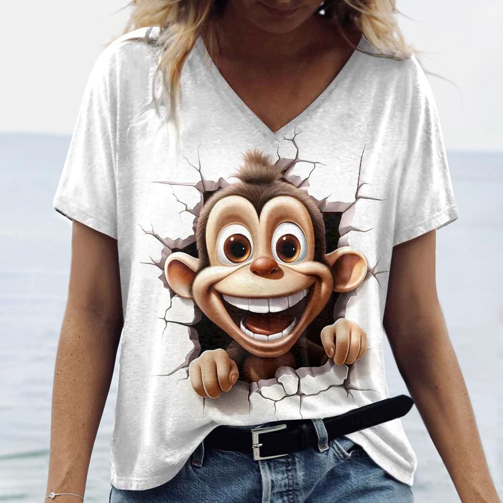 Playful Animals Printed Women's T Shirt Summer Casual Short Sleeve T-Shirts Kawaii 3d V-Neck Tops Tees Women's Oversize Pullover