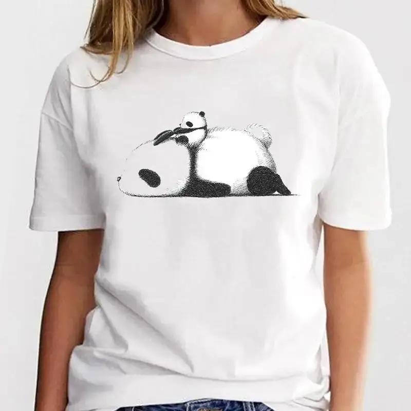 Panda Lovely Print Women T-shirt Cute Cartoon Graphic Print Short Sleeve T Shirt Female Fashion Casual Unisex Clothes Top