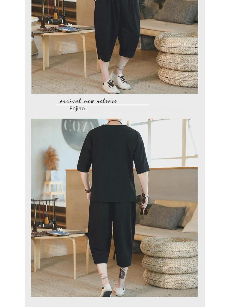 Men's Chinese-Style Cotton Linen Two-Piece Suit - Casual Loose-Fit Harem Pants with Short-Sleeved Top