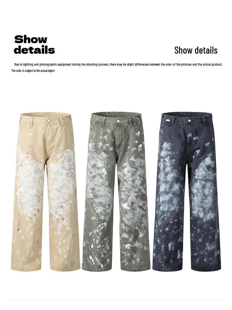 Yongfang Unisex Retro Splatter High-Waist Distressed Straight-Leg Overalls