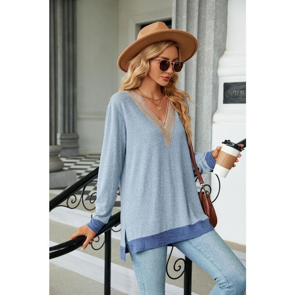 Women's Long Sleeve T-Shirt Fall/Winter Sweatshirt Women's Lace V-Neck Color-Blocked Split Hem Loose Top