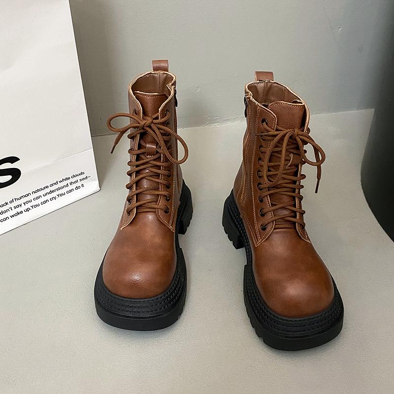 Vintage Platform Thick Bottom Women Motorcycle Boots Fashion Autumn Winter Female Height Increase Short Booties