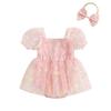 Baby Girl Summer Outfits Short Puff Sleeve 3D Flower Romper Tulle Dress with Headband Set 2Pcs Clothes