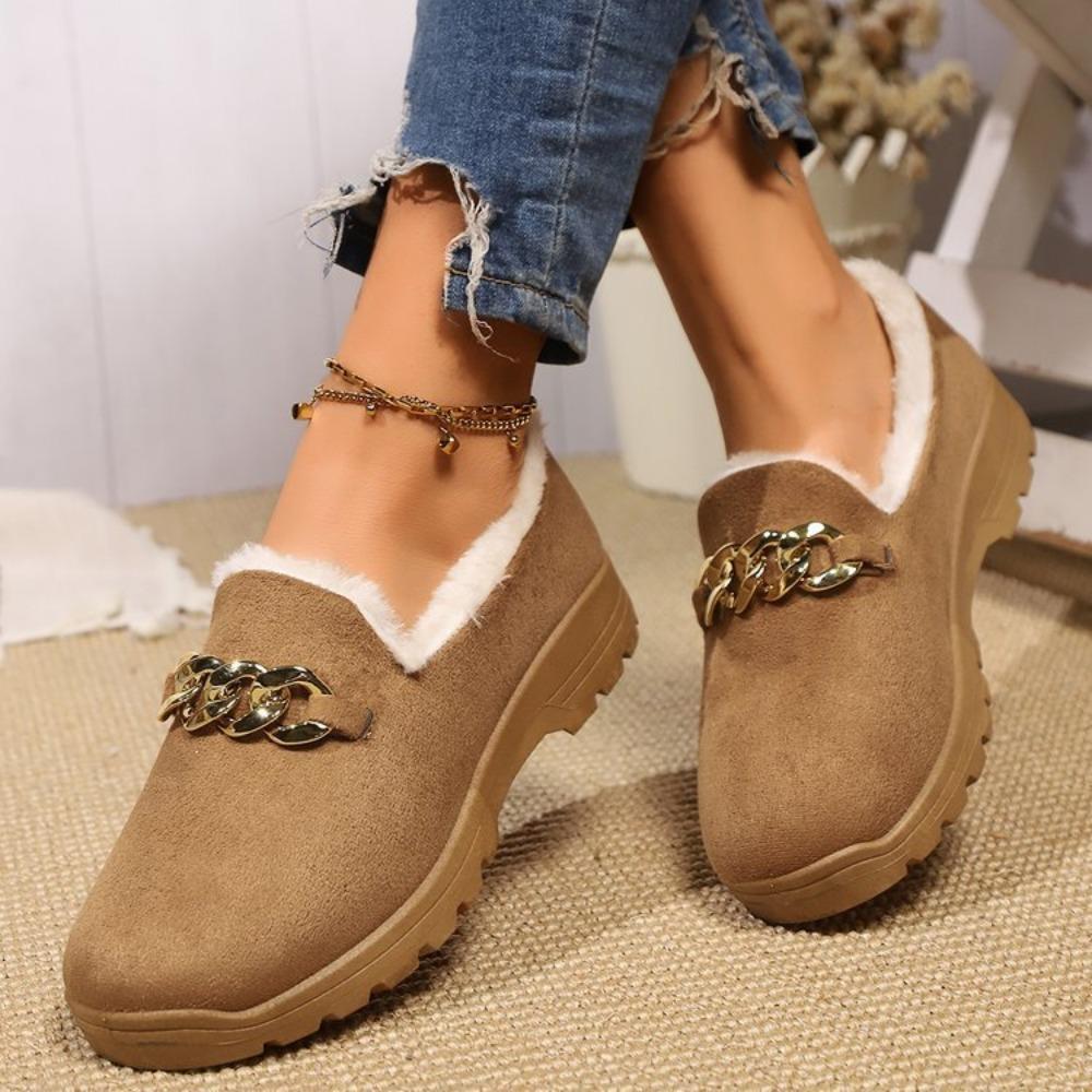 Chain Decor Thick Plush Flats Shoes for Women Winter Comfort Warm Casual Shoes Woman Solid Color Soft Sole Slip On Loafers