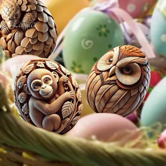 Animal Easter Carving Craft Egg Wooden Owl Squirrel Monkey Animals Carved Eggs for Home Tiered Tray Table Decor