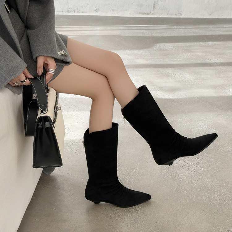 New Style Luxury Women's Flats Women's Boots Pointed Toe Designer Mid Calf Shoes Winter Fad Boots Trend Gladiator Walking Boots