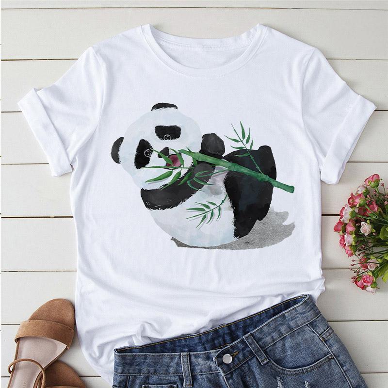 Aesthetics Cute Panda Print Women Basic Tees Cartoon Top O-Neck Simple Tee Short Sleeve T-Shirt Ladies Tees Graphic White Tshirt