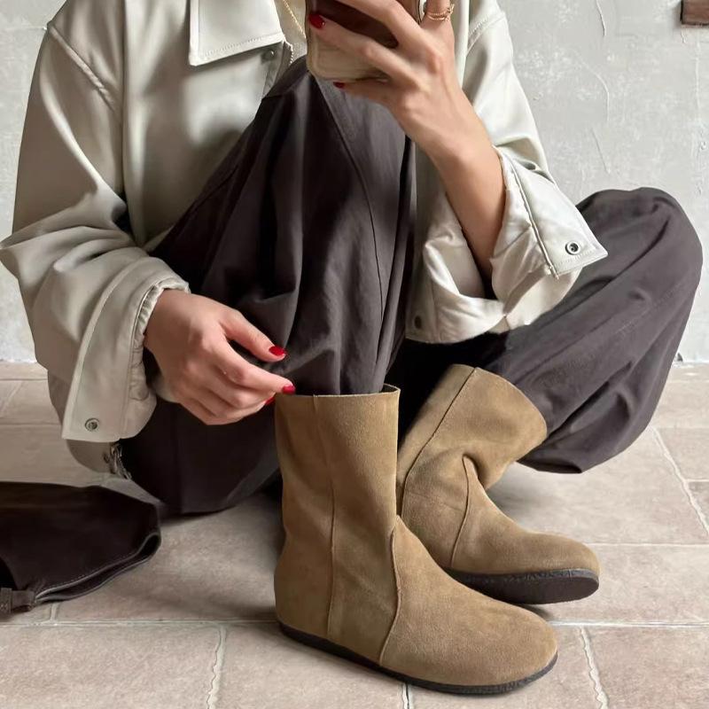 Retro Literary and Artistic Flip Fur Flat-bottomed Short Boots Women's Versatile Round Head Stacking Sleeve Martin Boots