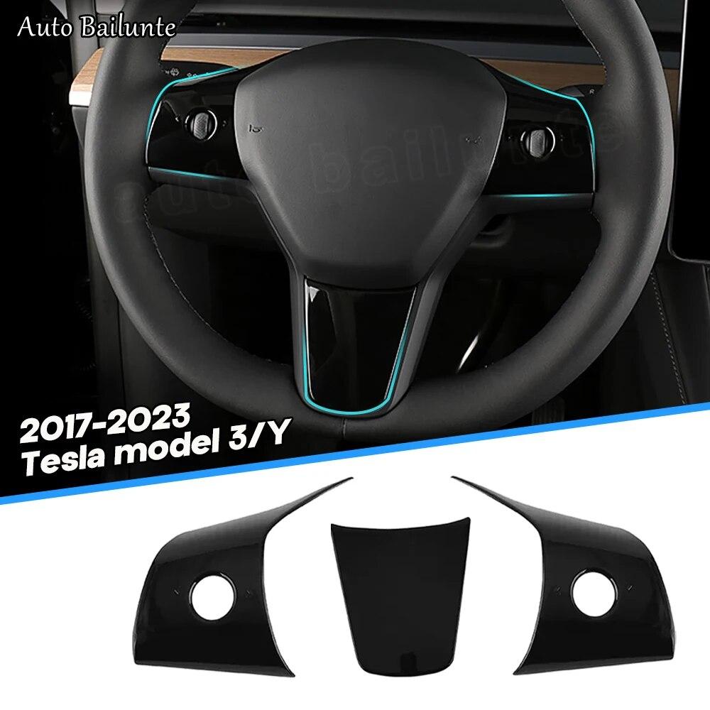 For Tesla Model 3 Model Y 2023 2022 3Pcs Car Interior Accessories Steering Wheel Decor Stickers Carbon Fiber Trim