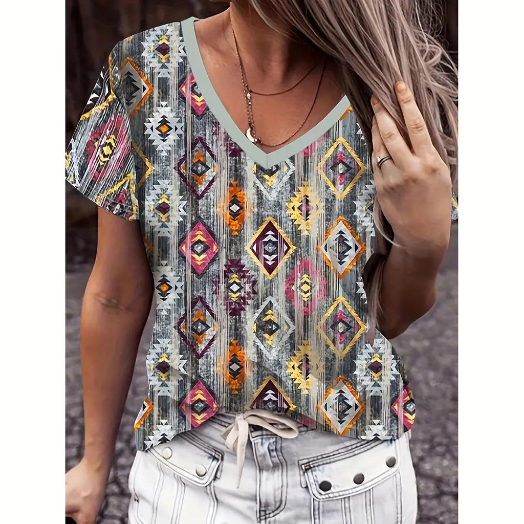 S-8XL Plus Size T Shirt For Women Vintage Ethnic Print Casual V Neck Short Sleeve Tops Tees Summer T-Shirt Oversized Clothing