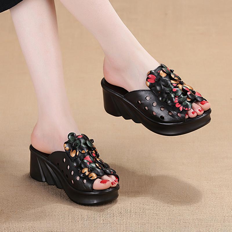 2024 Summer Woman Shoes Platform Slippers Wedge Genuine Leather Women High Heel Slippers For Women Retro Sandals Female Shoes