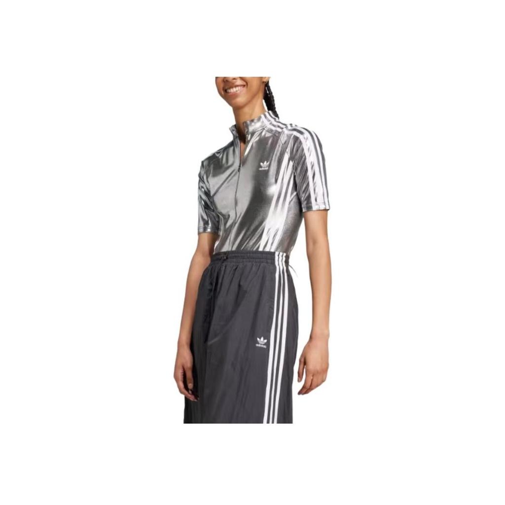 Adidas Originals Adylenium Season 2 Bodysuit Logo Short Sleeve Half Zip Fitted Triangle Bodysuit Women Bodysuit Silver JM9257