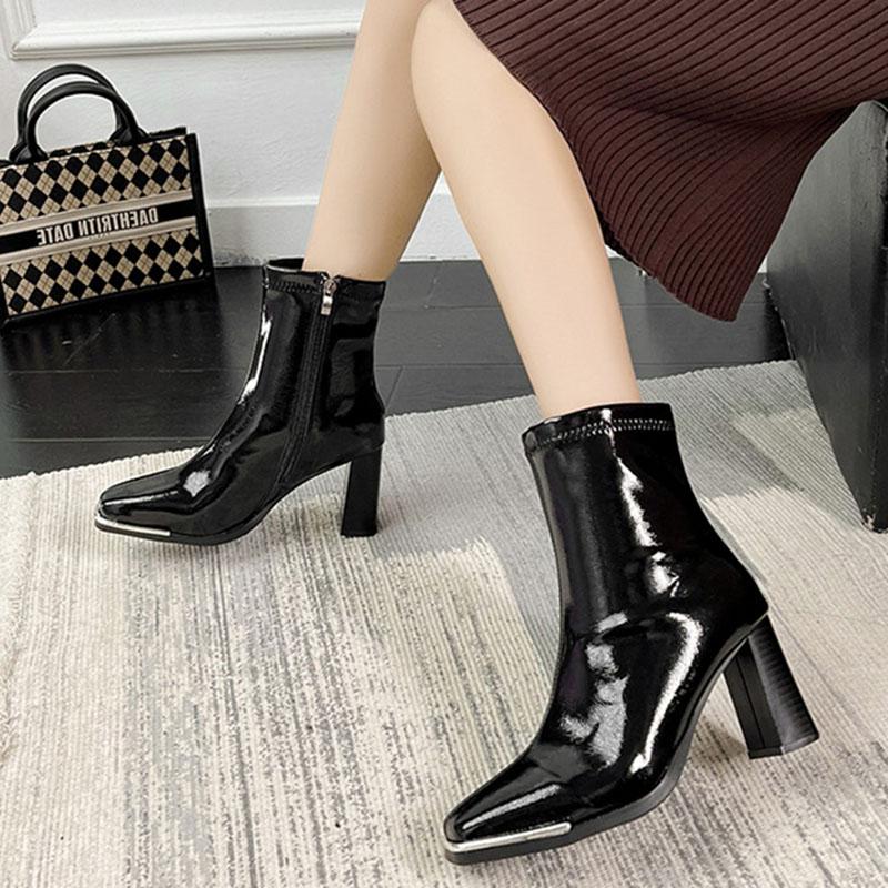 Autumn Winter Ankle Boots Women New Front Zipper Decoration Shoes Pantent Leather Square Toe Solid Thick High Heel Short Boots