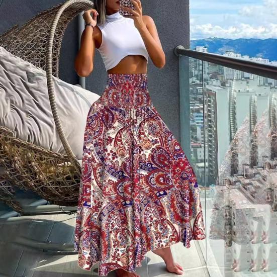 Women Maxi Skirt High Waist Wide Elastic Waist A-Line Retro Printed Skirt Summer Loose Fit Long Skirt Streetwear