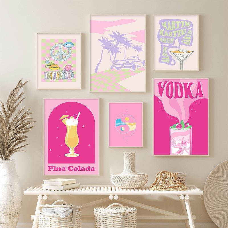 Trendy Champagne Gallery Wall Print Retro Colorful Posters Boho Pink Aesthetic Edgy Canvas Painting Dorm Teen Picture Room Decor