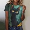 Summer Printed Cartoon Black Cat Pattern Women's T-shirt Fashion Casual Loose Top Round Neck Oversized Short Sleeve T-shirt