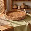 Handmade Rattan Round Tray with Double Handles -Perfect for Serving Tea, Fruits, Bread & Snacks,Ideal for Kitchen & Dining Decor