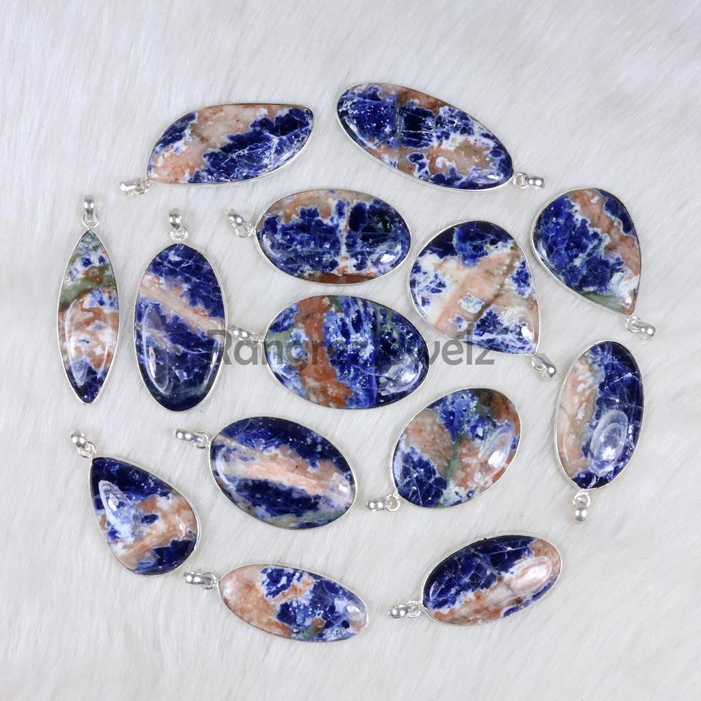 Sodalite Pendant Sterling Silver Pendant Orange Blue Sodalite Gemstone Pendant Bezel Pendant Narrow Loop Pendant Sodalite Necklace Jewelry