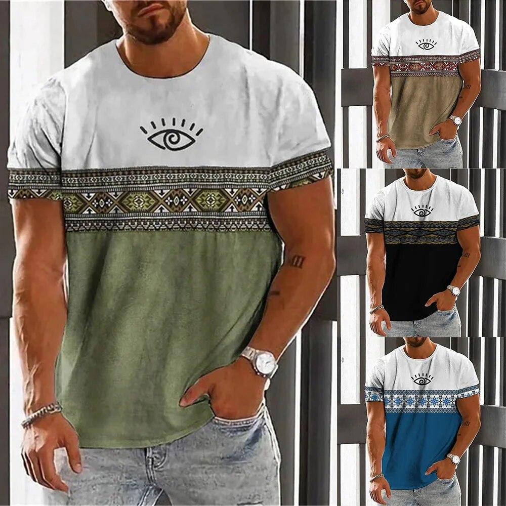 Мужская летняя футболка в стиле ретро с 3D геометрическим принтом, топ больших размеров, мужская одежда в этническом стиле, уличная одежда с круглым вырезом и короткими рукавами