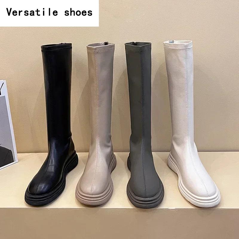 Winter Cotton Women's High Boots Fashion Soft Leather Back Zippers Long Botas Ladies Comfort Short Plush Knee High Booties