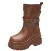 9CM Platform Chunky Boots Women High Heels New 2024 Autumn Mid Calf Leather Sneakers Trend Winter Brown Motorcycle Boots Zapatos