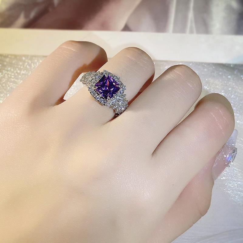 Silver Colorful Gemstone Ring Women's Light Luxury High-end Super Flash Purple Zircon Bright Full of Diamonds Jewelry Gift