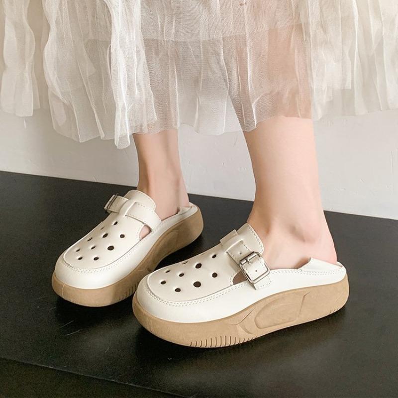 Retro Solid Color Hollow Thick-soled Lazy Shoes Summer New Large Size Two Wear Casual Shoes Round Head Mother Shoes Women