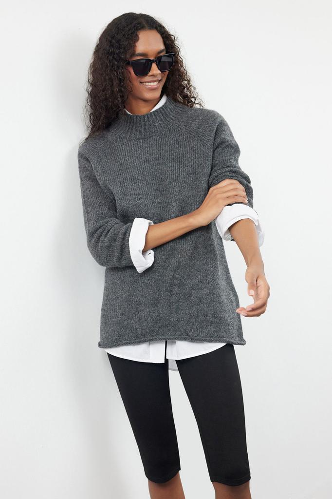 Women's Fashion Stylish Sweater Green Soft Textured Stand-Up Collar Seamless Knitwear Sweater