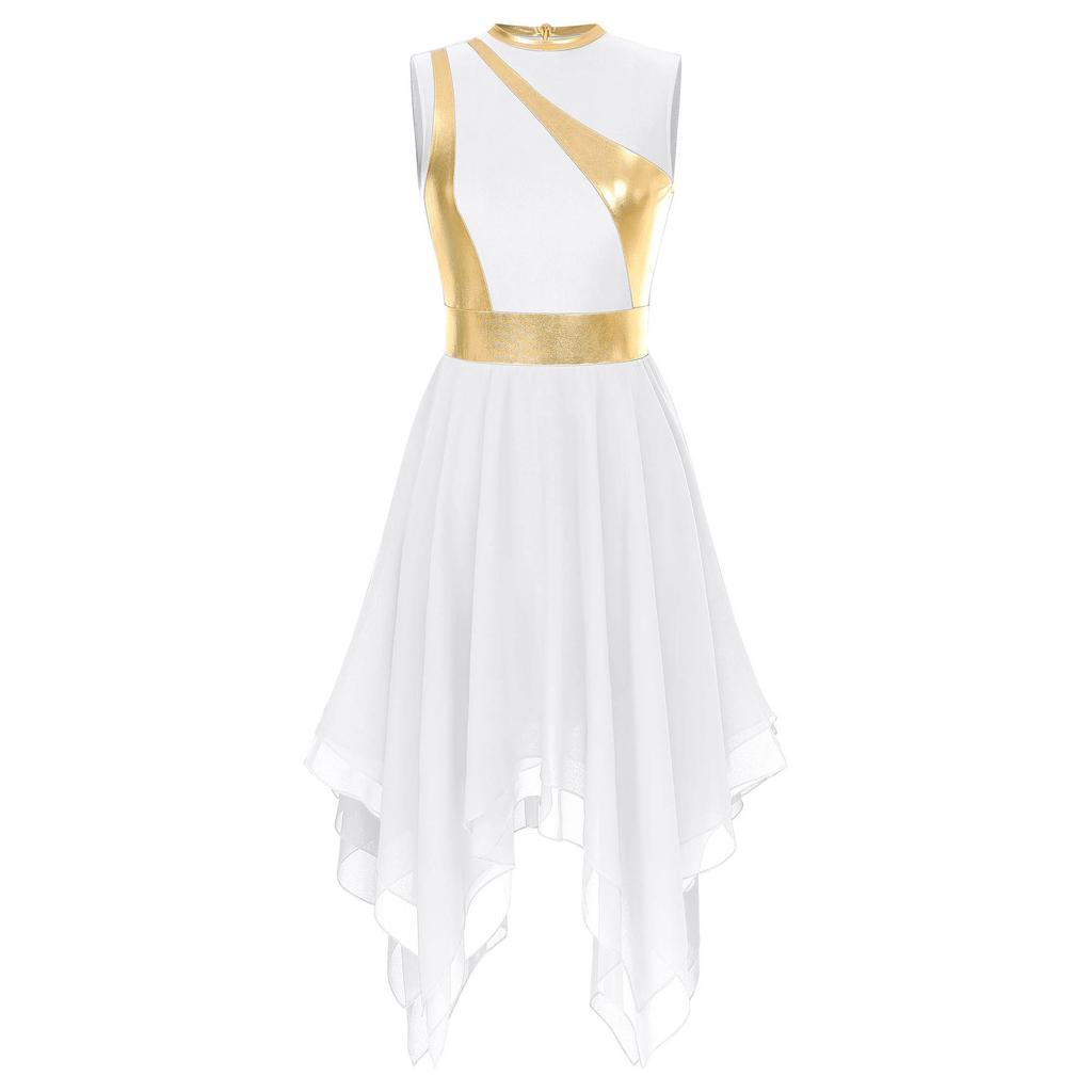 Womens Modern Lyrical Dance Costume Color Block Patchwork Sleeveless Irregular Hem Dress Dancewear