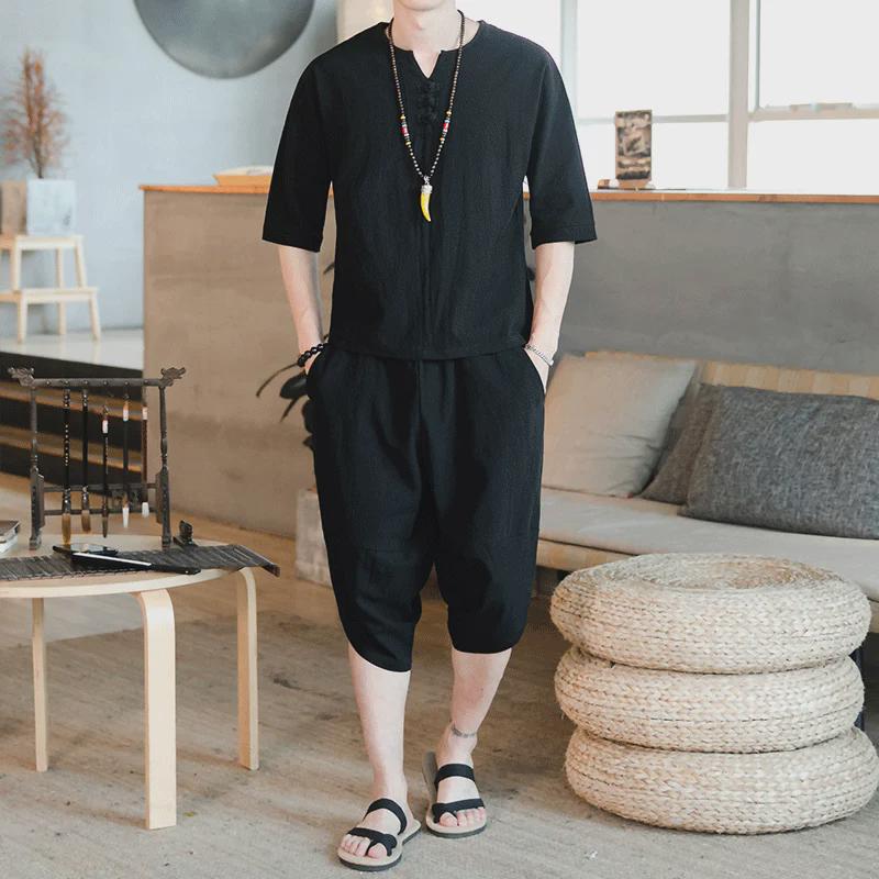 Men's Chinese-Style Cotton Linen Two-Piece Suit - Casual Loose-Fit Harem Pants with Short-Sleeved Top