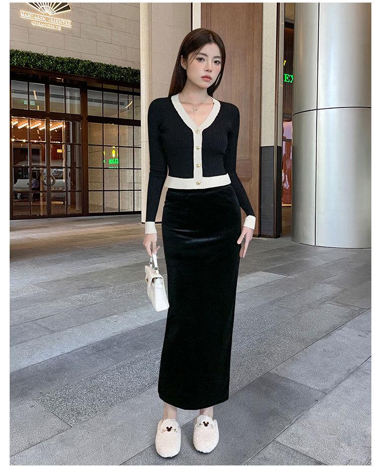 2025 Stylish Gold Velvet High-Waist Midi Skirt for Women - Black, Autumn/Winter, Sexy Long Slit
