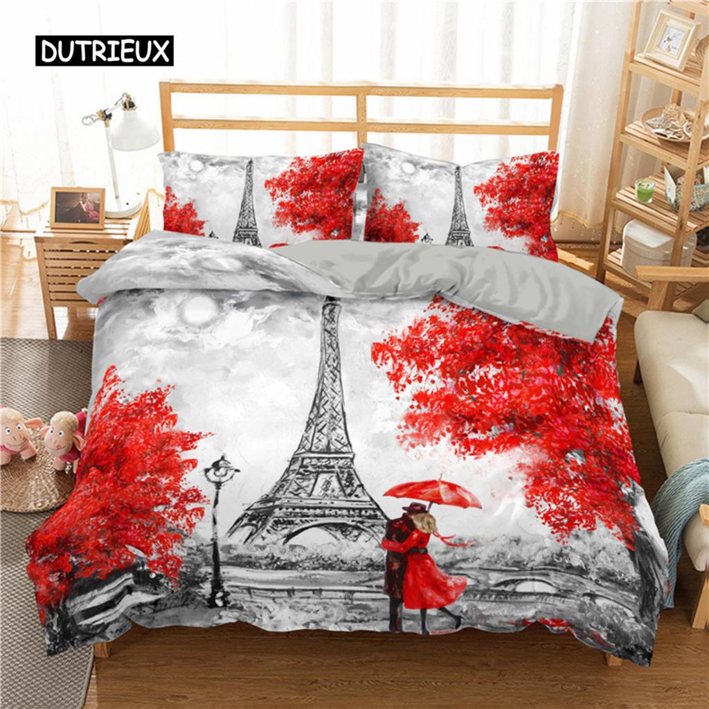 Duvet Cover Eiffel Tower Romantic Couple Flower King Comforter Cover Microfiber France Paris Cityscape Bedding Set for Teen