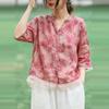 Summer Women's Top Mesh Patchwork Hem Cotton Linen Blouse Pink Cute Floral Print V-neck Half Sleeve Shirt
