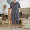 Men's Chinese-Style Cotton Linen Two-Piece Suit - Casual Loose-Fit Harem Pants with Short-Sleeved Top