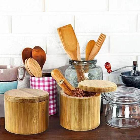 Bamboo Seasoning Storage Box with Magnetic Swivel Lid Wooden Salt Cellar Pepper Sugar Spice Holder Round Container Bowl Kitchen Gadgets