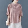 Vintage Literature and Art Plate Button Stand Collar Cotton Linen Jacquard Shirt Women's Summer Wear Versatile Pullover Linen Five Sleeve T-shirt Top