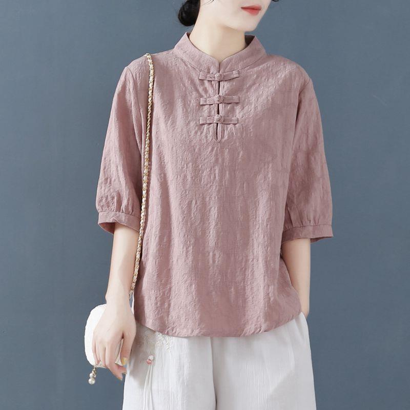 Vintage Literature and Art Plate Button Stand Collar Cotton Linen Jacquard Shirt Women's Summer Wear Versatile Pullover Linen Five Sleeve T-shirt Top