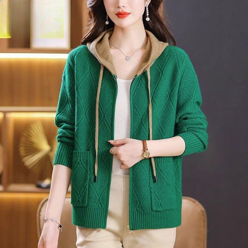 Women's Sweater Knitted Cardigan Stylish Color Blocked Short Hooded Sweater Zipper Sweater Jacket