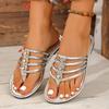 Women's Outer Wear Sandals and Slippers Summer New Round Toe Clip Toe Plus Size Flat Rhinestone Beach Flip-On Slippers