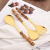 2Pcs Serving Utensils Cutlery 304 Stainless Steel Big Fork and Spoon with Natural Bamboo Handle Food Serving Salad Spork Server Spoon Tableware Set