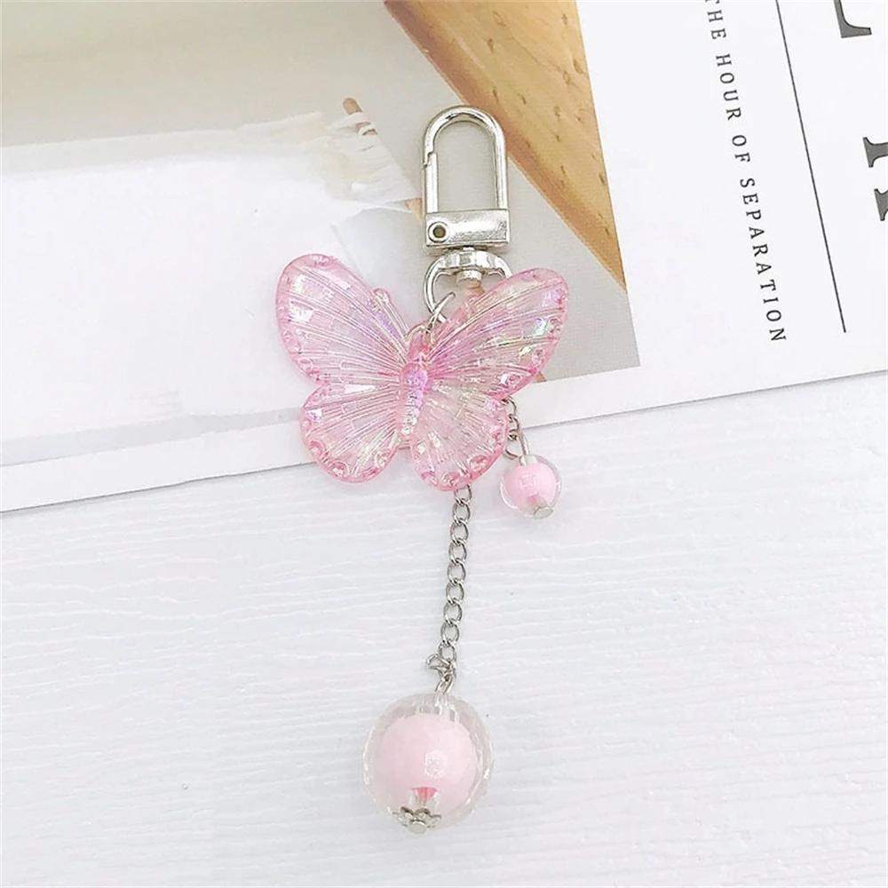 Cute Acrylic Butterfly Keychain Transparant Round Ball Tassel Keyring Women Bag Charm Earphone Case Car Key Pendant DIY Ornament