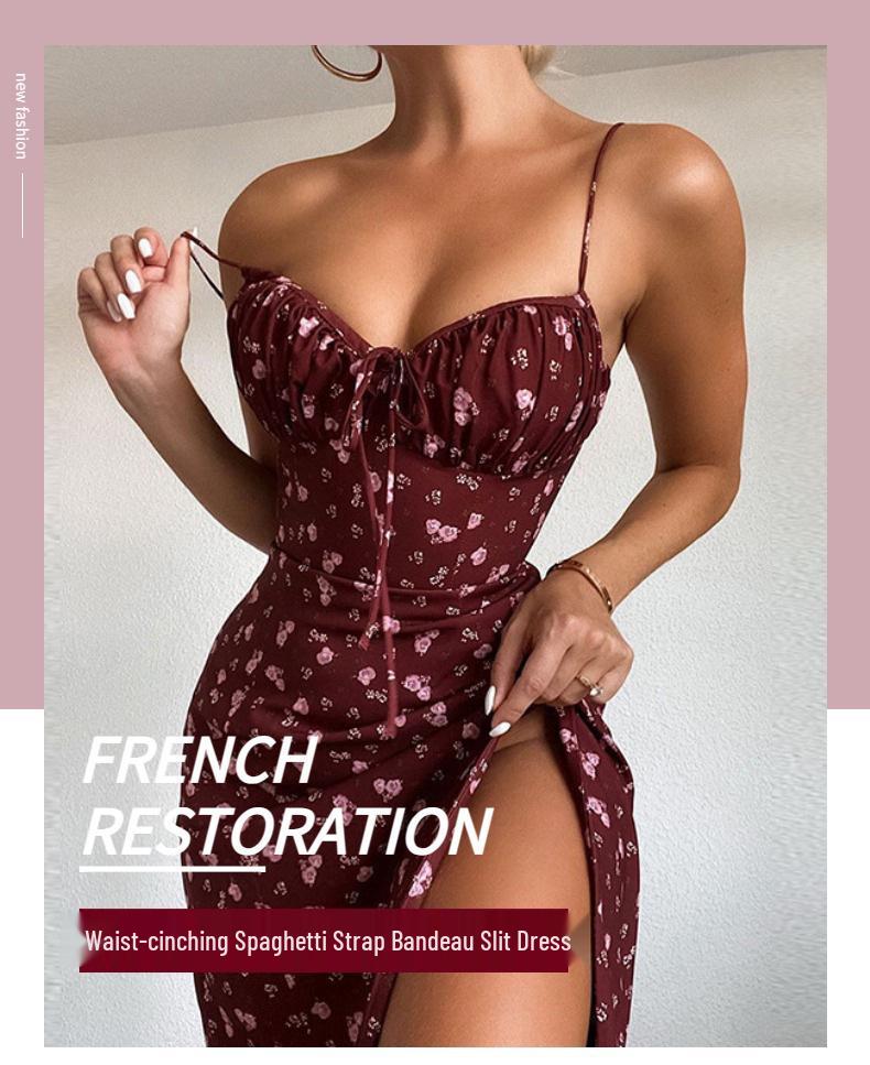 European & American Sexy Print Lace-Up Slit Sling Dress for Women